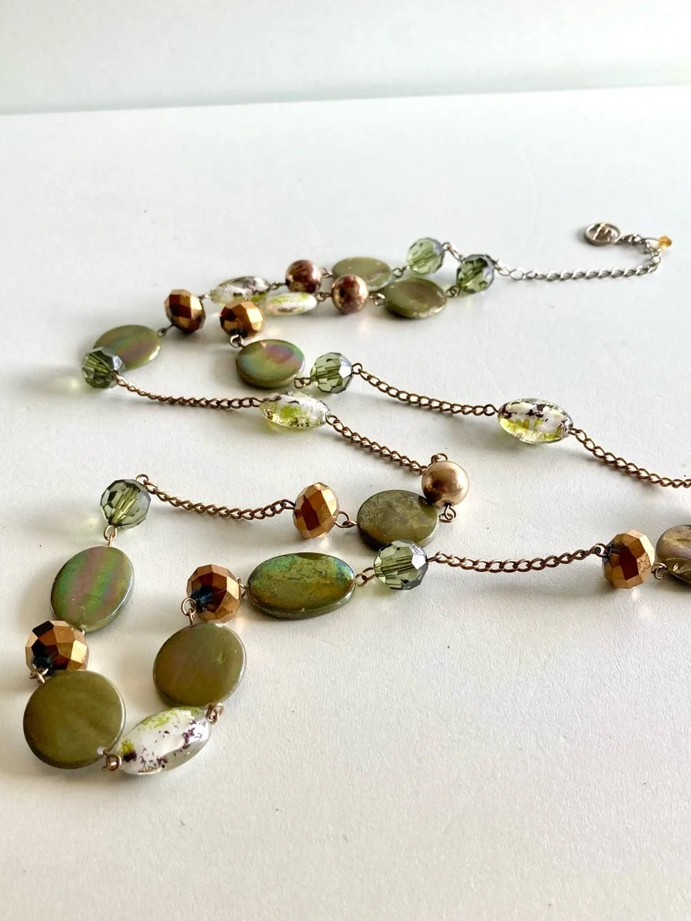 Gold and silver tone Chain Necklace with Light Green Beads signed EL